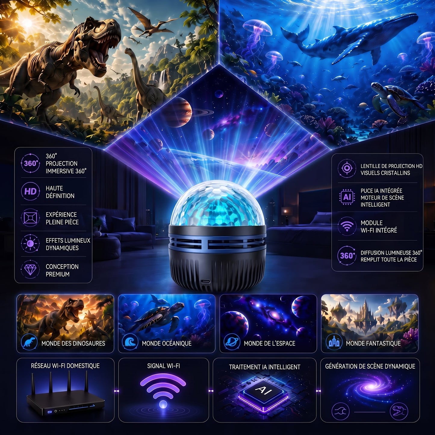Boutique Officielle | 🦖🎁SCNDR® Projecteur de Ciel Étoilé Holographique Intelligent 360° (Projection HD Dynamique Intelligente 5D)